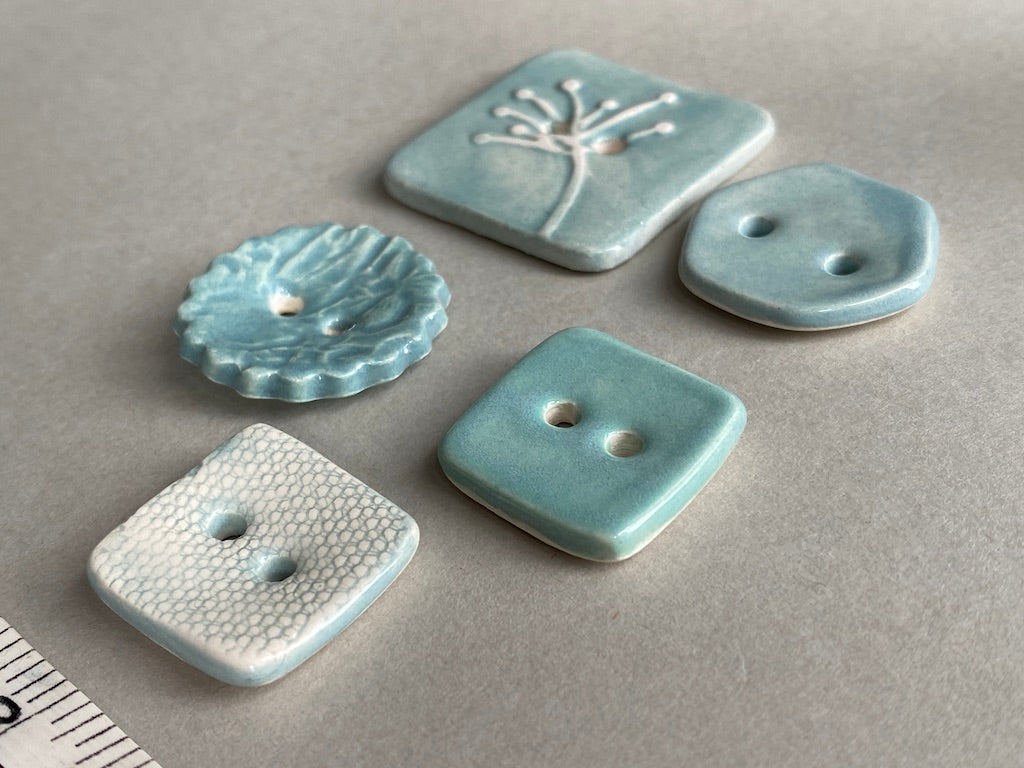 Pottery Handmade Buttons mixed set of five blues and greens