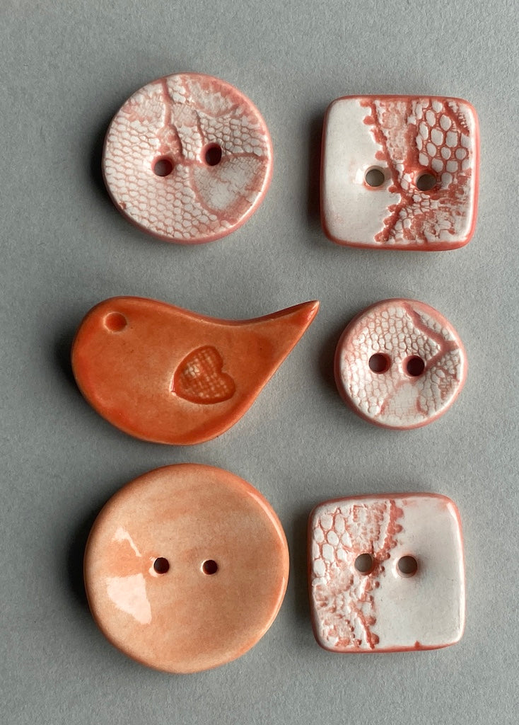 Buttons Handmade Ceramic set of Six mixed in Orange