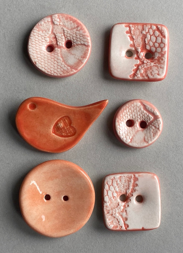 Buttons Handmade Ceramic set of Six mixed in Orange