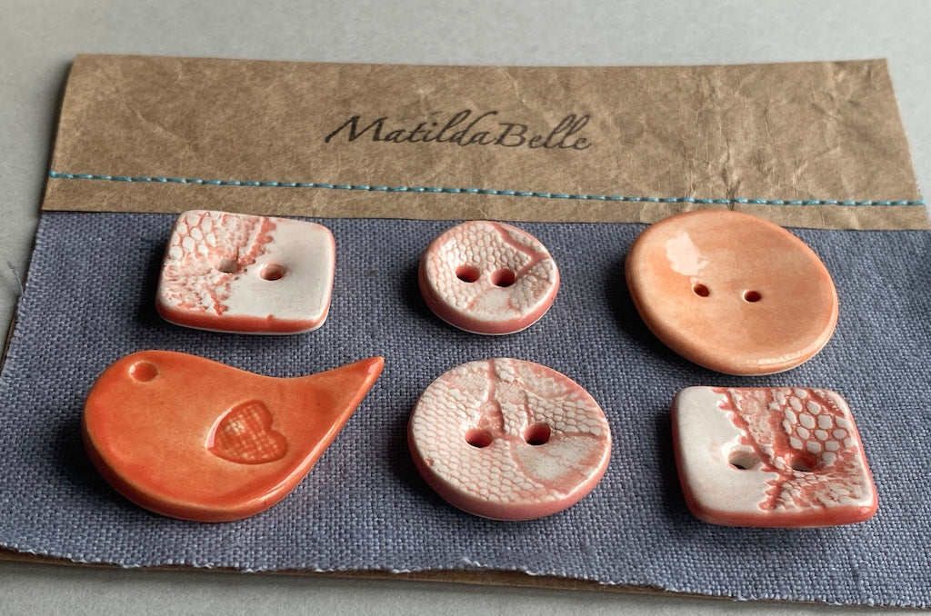 Buttons Handmade Ceramic set of Six mixed in Orange