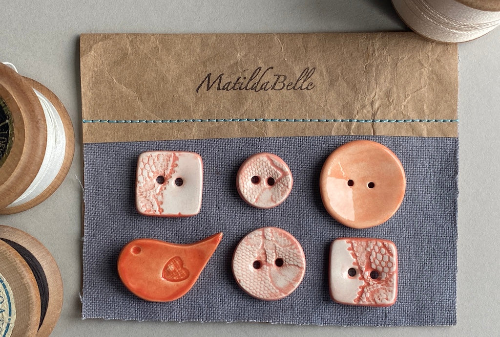 Buttons Handmade Ceramic set of Six mixed in Orange