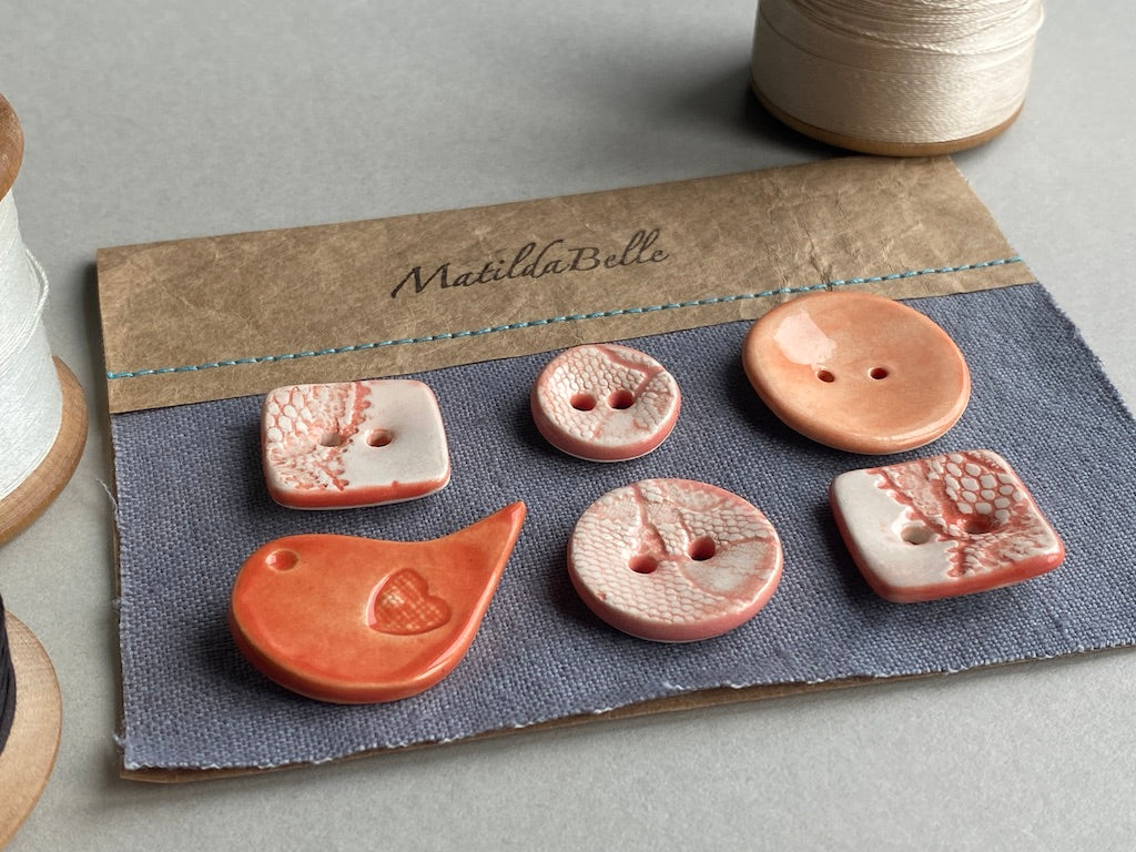 Buttons Handmade Ceramic set of Six mixed in Orange