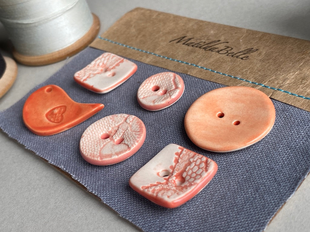 Buttons Handmade Ceramic set of Six mixed in Orange