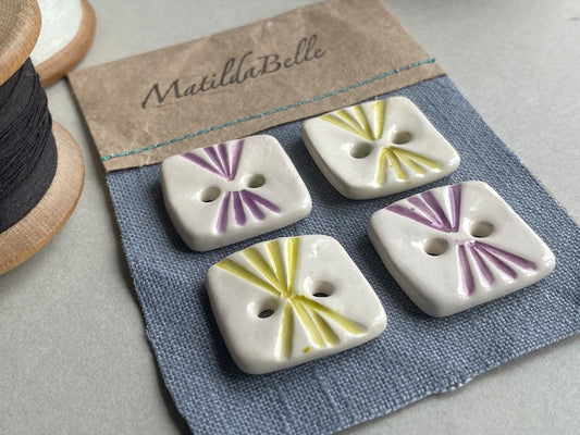 Pottery Buttons set of Four retro design purple and lime 23mm