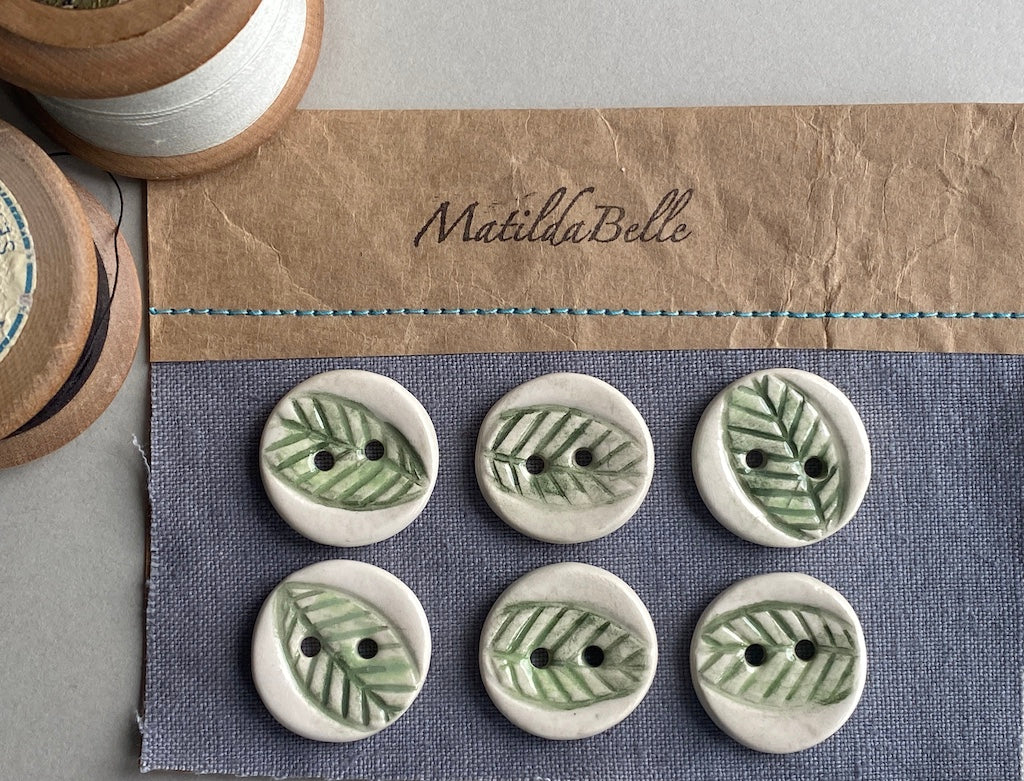 Handmade Pottery Round Buttons set of six 23mm Leaf design