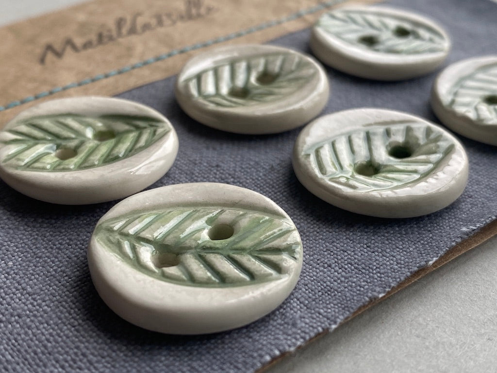 Handmade Pottery Round Buttons set of six 23mm Leaf design