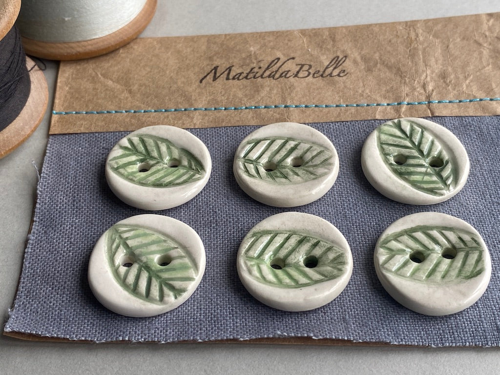 Handmade Pottery Round Buttons set of six 23mm Leaf design