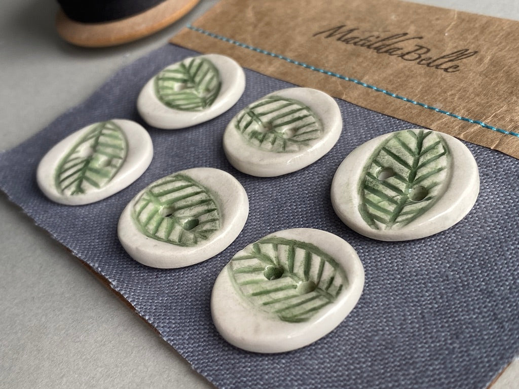 Handmade Pottery Round Buttons set of six 23mm Leaf design