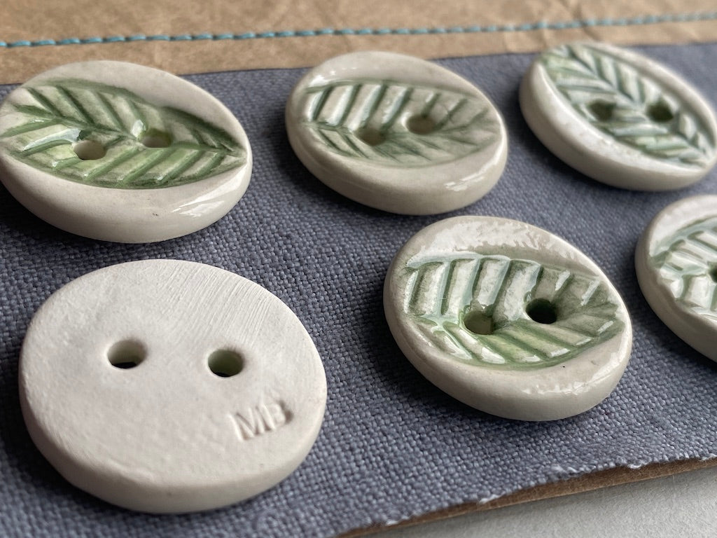 Handmade Pottery Round Buttons set of six 23mm Leaf design