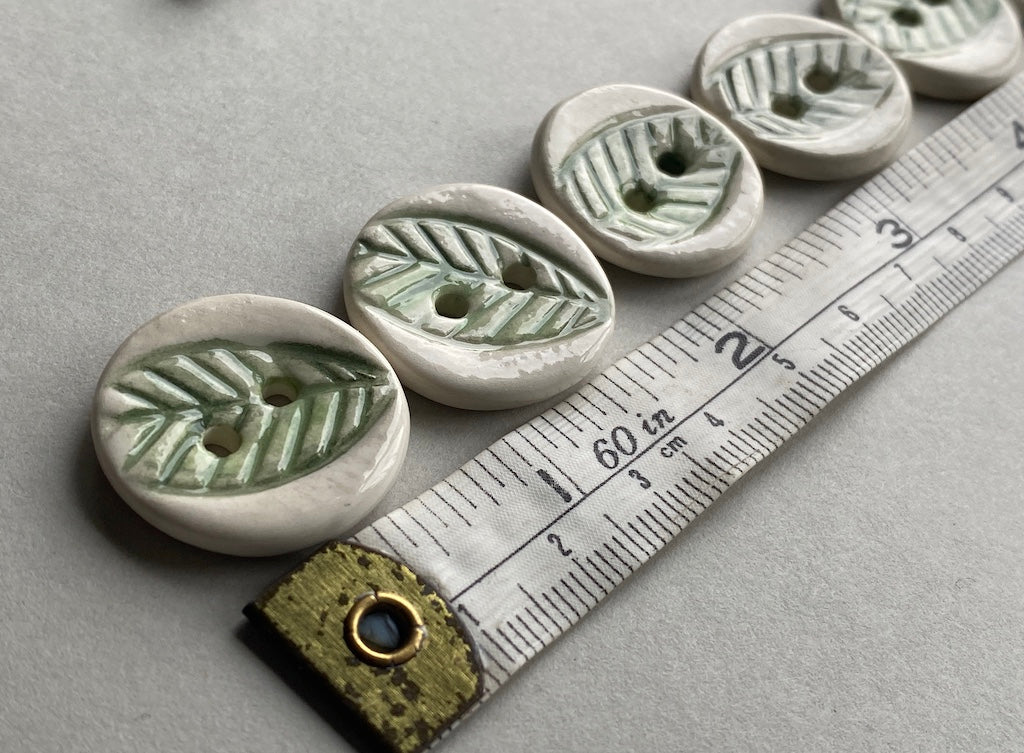 Handmade Pottery Round Buttons set of six 23mm Leaf design