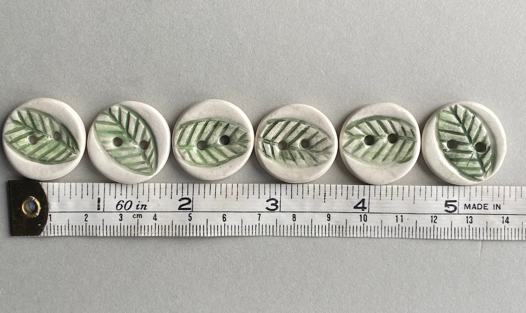 Handmade Pottery Round Buttons set of six 23mm Leaf design