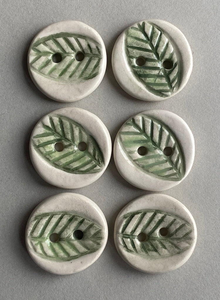 Handmade Pottery Round Buttons set of six 23mm Leaf design