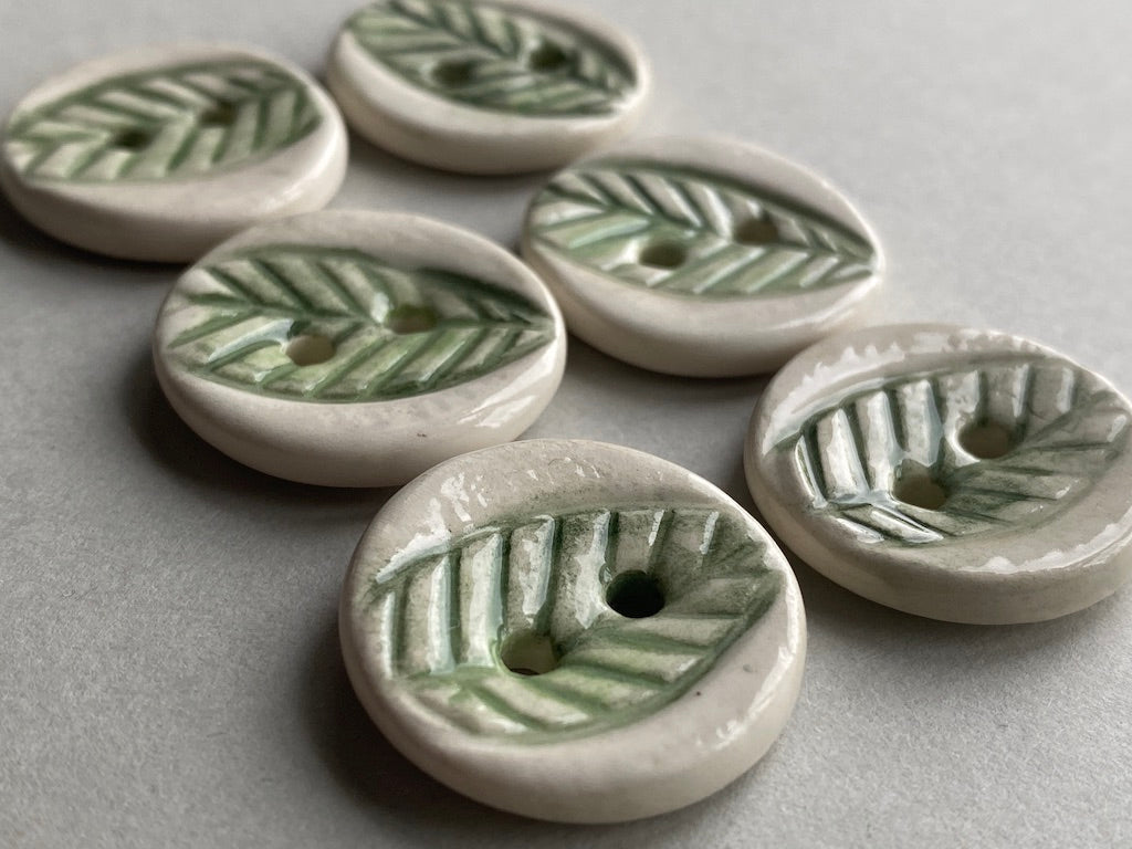 Handmade Pottery Round Buttons set of six 23mm Leaf design