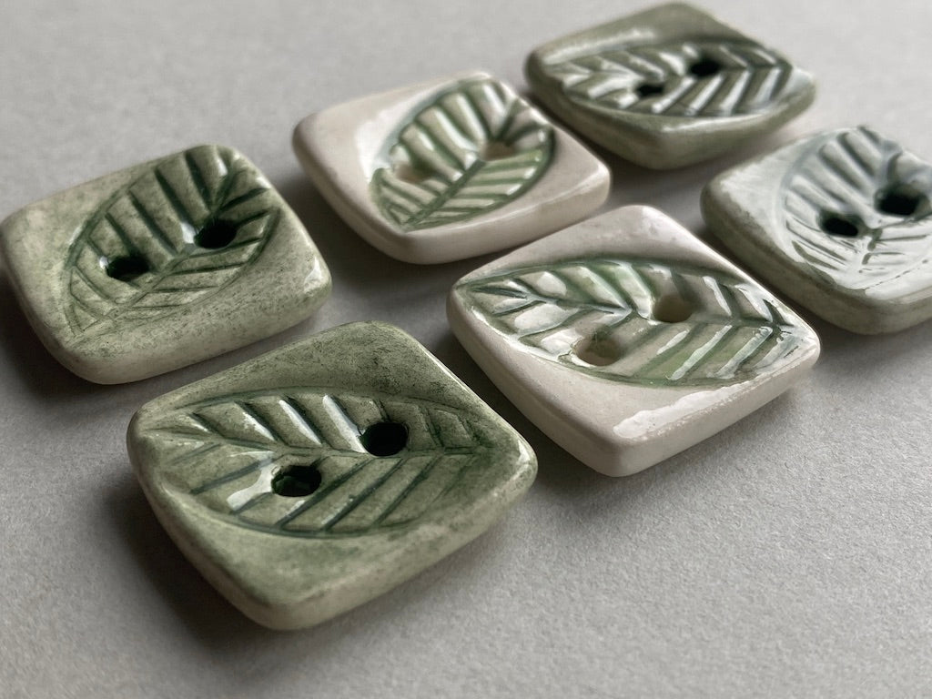 handmade Pottery Buttons set of 6 Square green botanical 22mm