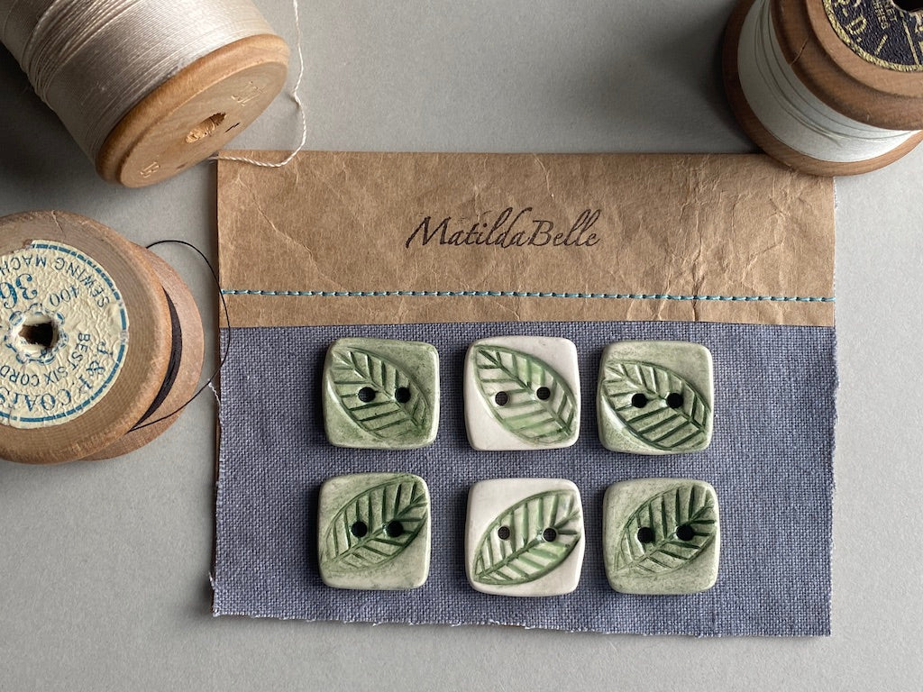 handmade Pottery Buttons set of 6 Square green botanical 22mm