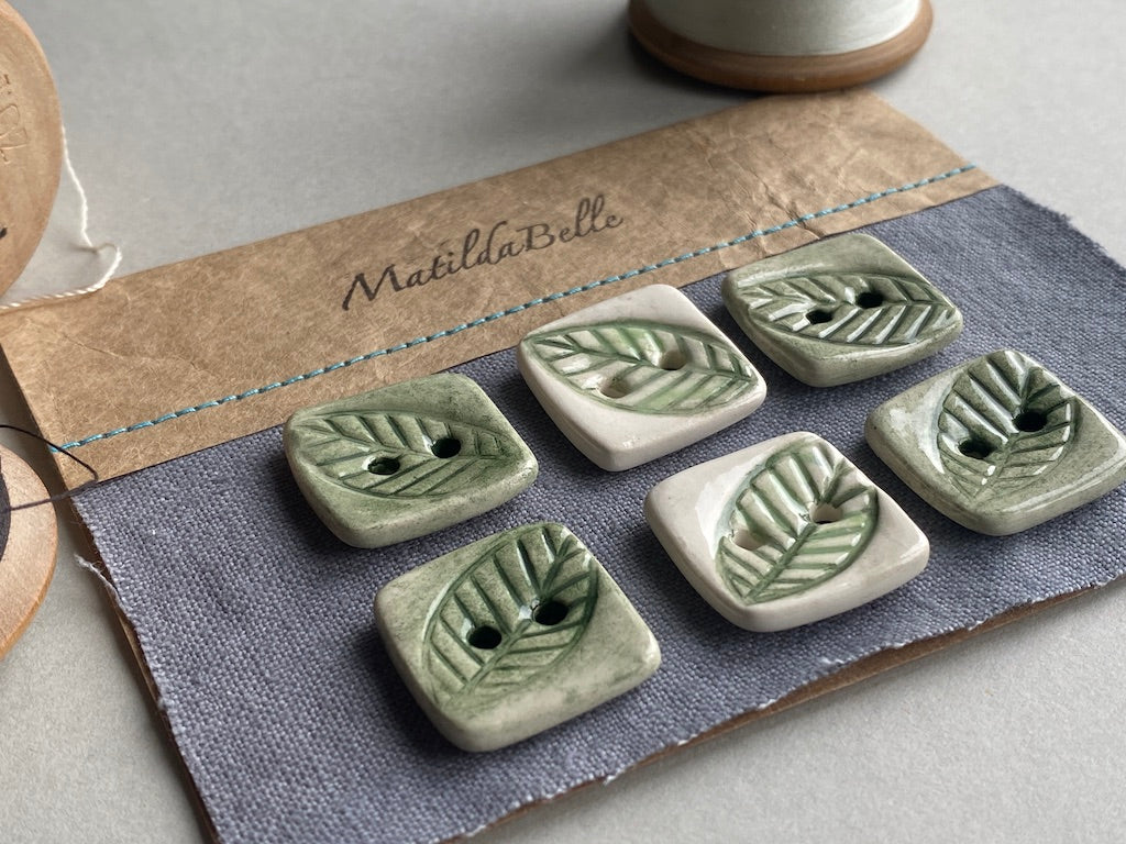 handmade Pottery Buttons set of 6 Square green botanical 22mm
