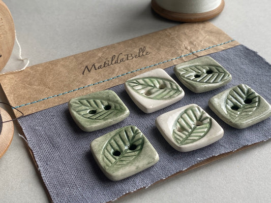 handmade Pottery Buttons set of 6 Square green botanical 22mm