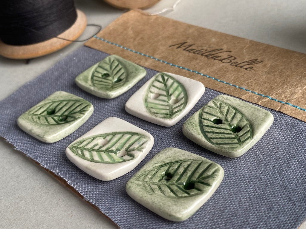 handmade Pottery Buttons set of 6 Square green botanical 22mm