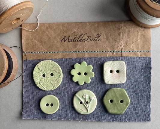 Buttons handmade ceramic set of 6 mixed green