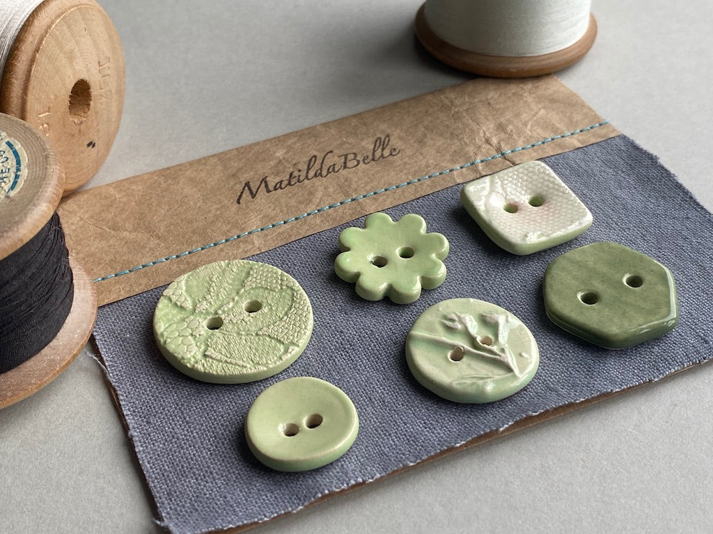 Buttons handmade ceramic set of 6 mixed green