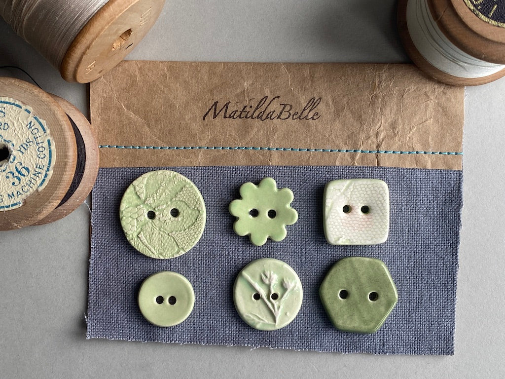 Buttons handmade ceramic set of 6 mixed green