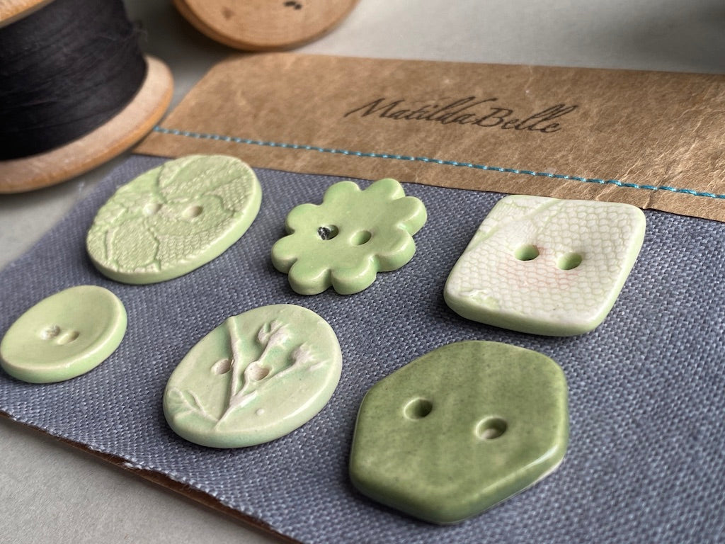 Buttons handmade ceramic set of 6 mixed green