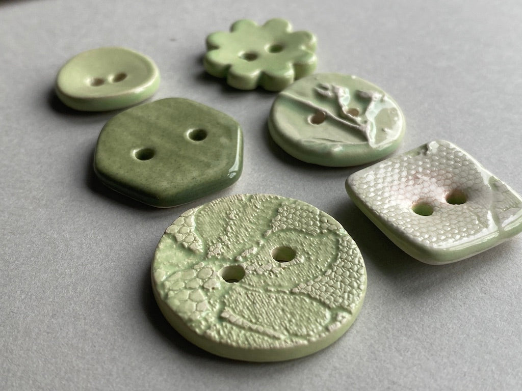 Buttons handmade ceramic set of 6 mixed green