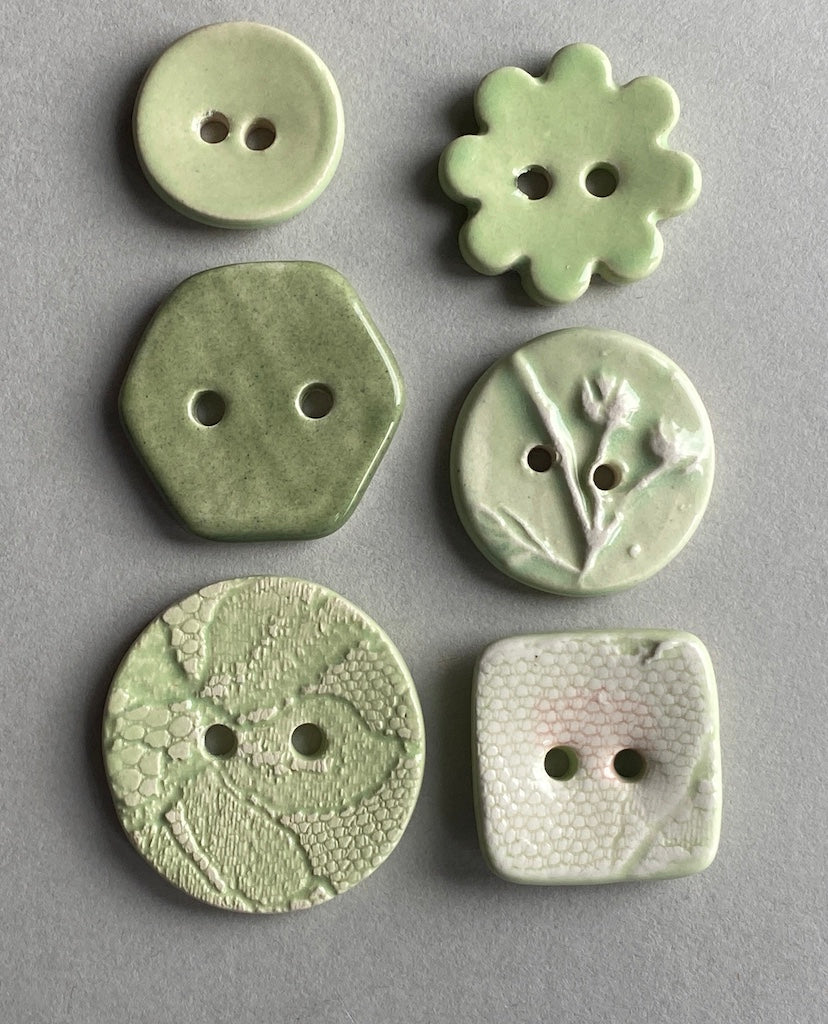 Buttons handmade ceramic set of 6 mixed green