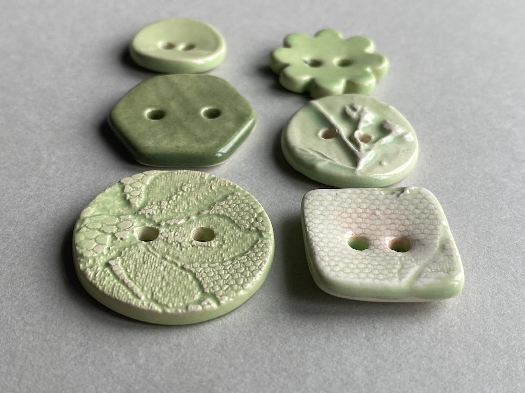 Buttons handmade ceramic set of 6 mixed green