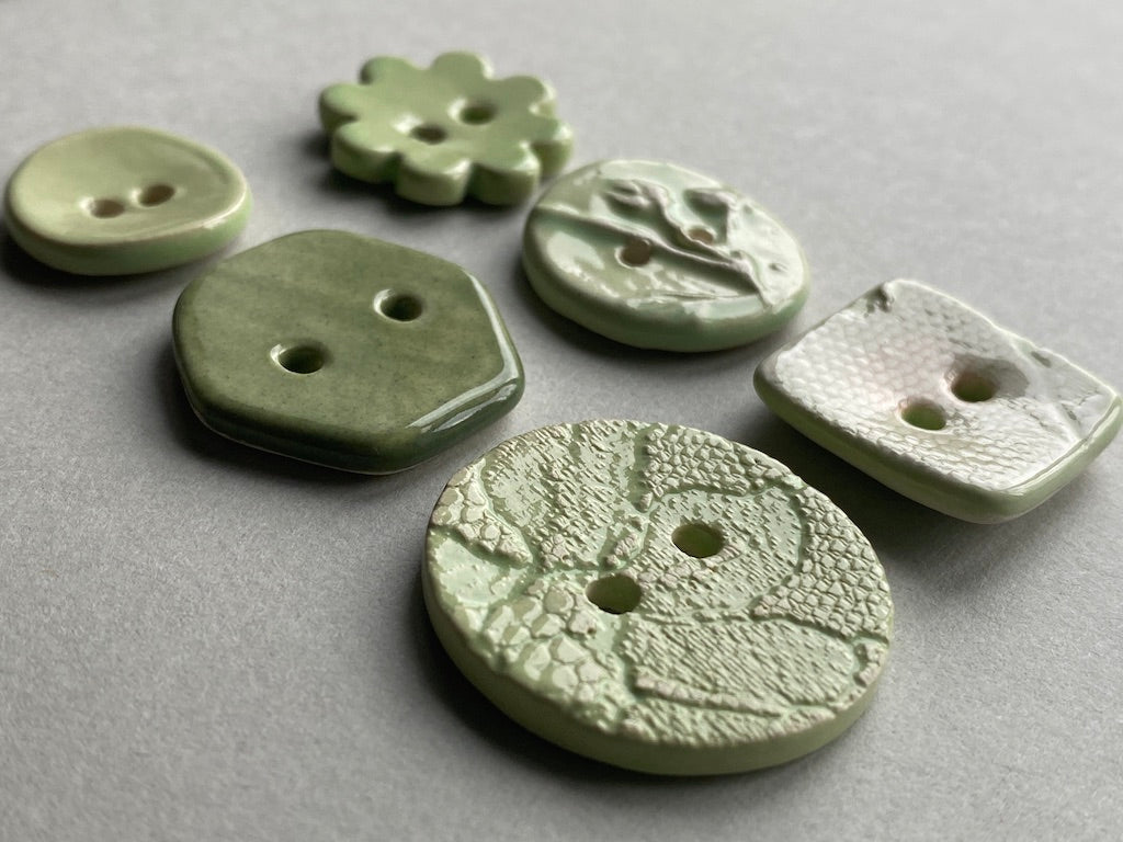 Buttons handmade ceramic set of 6 mixed green