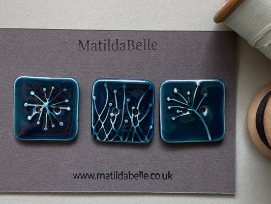 Handmade 35mm Ceramic Botanical Buttons Set of 3 - Square Design Petrol Blue