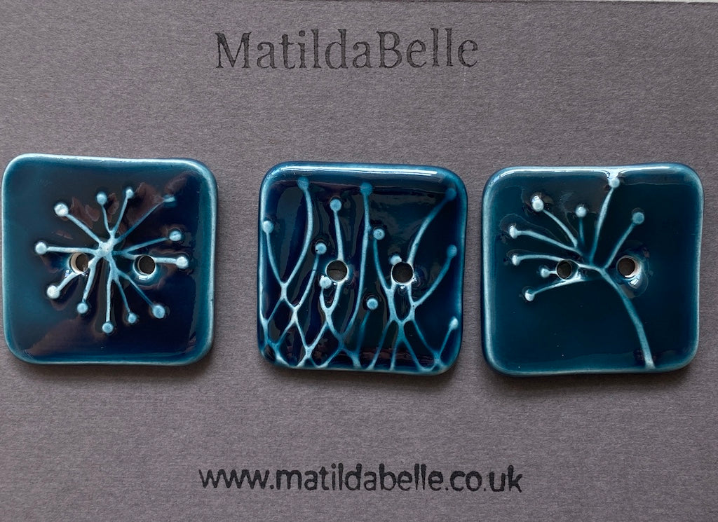 Handmade 35mm Ceramic Botanical Buttons Set of 3 - Square Design Petrol Blue