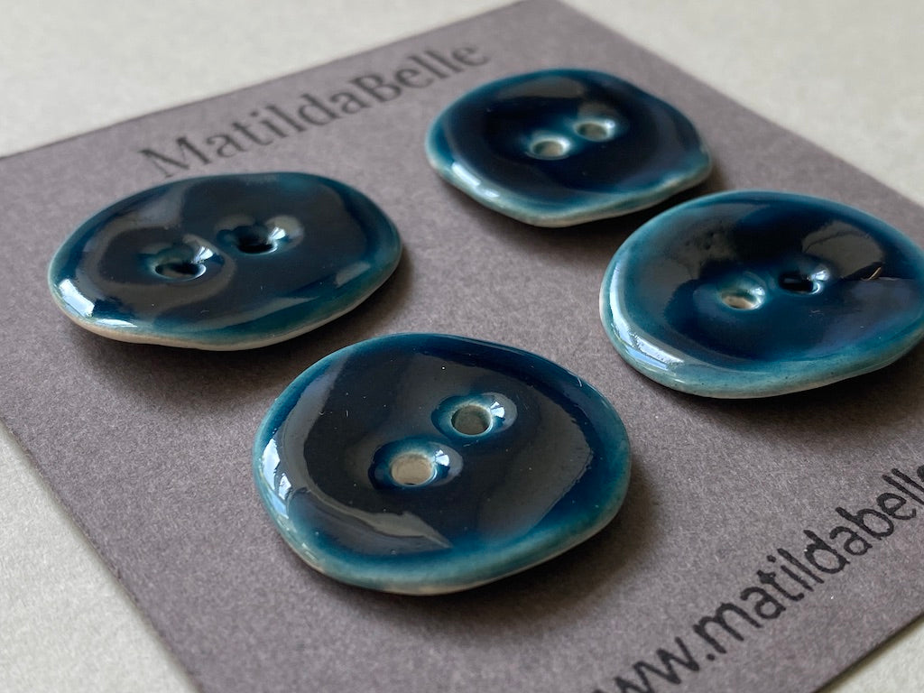 Set of 4 Rustic Oval Earthenware Clay Buttons - Petrol Blue