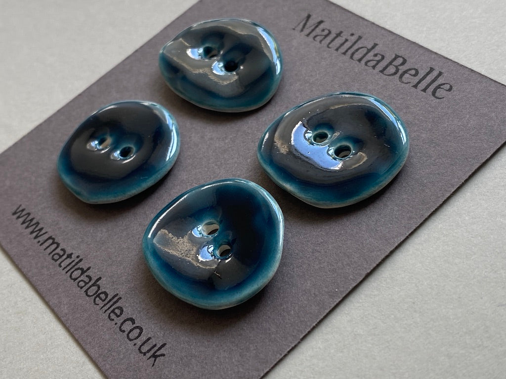 Set of 4 Rustic Oval Earthenware Clay Buttons - Petrol Blue