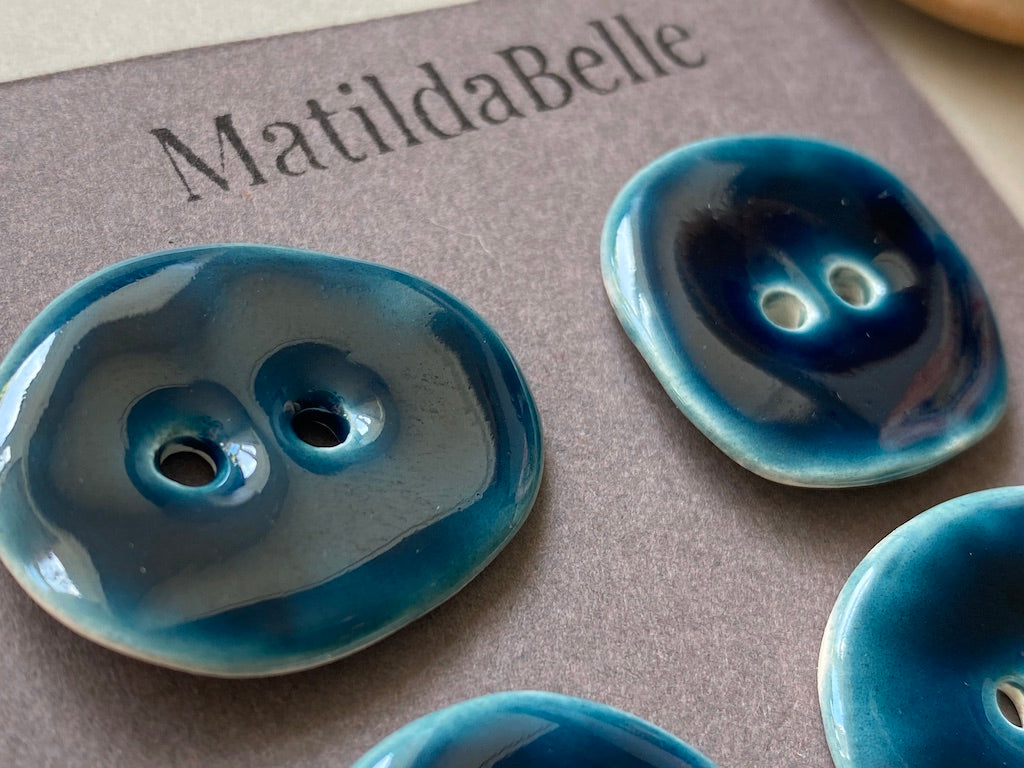 Set of 4 Rustic Oval Earthenware Clay Buttons - Petrol Blue