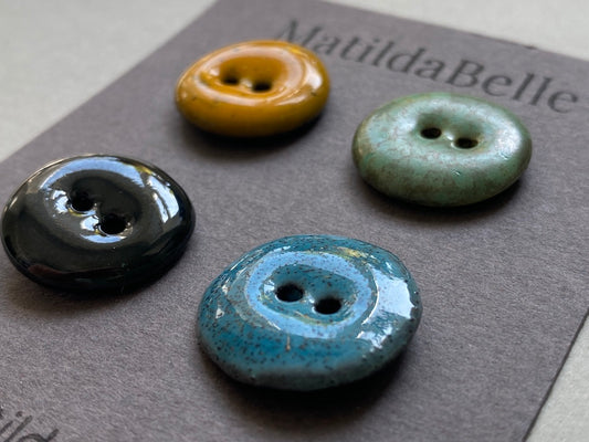 Set of 4 Hand-Formed Round Rustic Black Clay Buttons - 11mm to 13mm