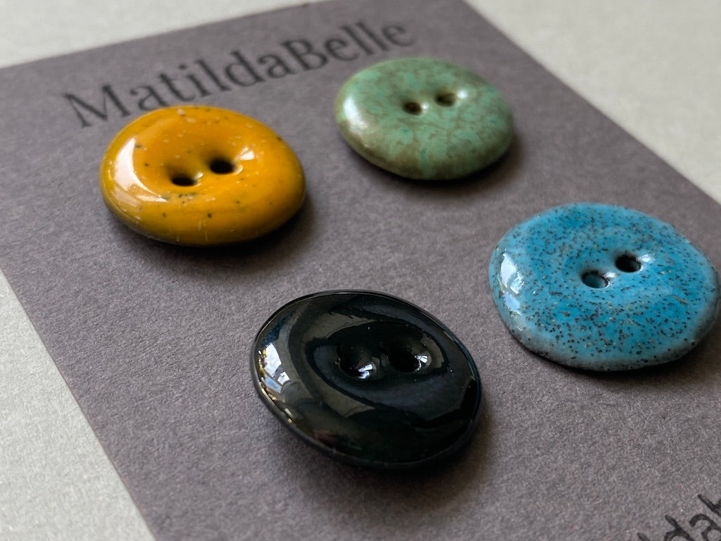 Set of 4 Hand-Formed Round Rustic Black Clay Buttons - 11mm to 13mm