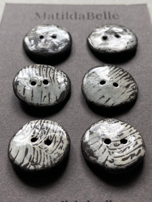 21mm Set of 6 Hand-Formed Black Clay Ceramic Round Buttons - Approx. 19mm-21mm - Rustic Yet Contemporary Design