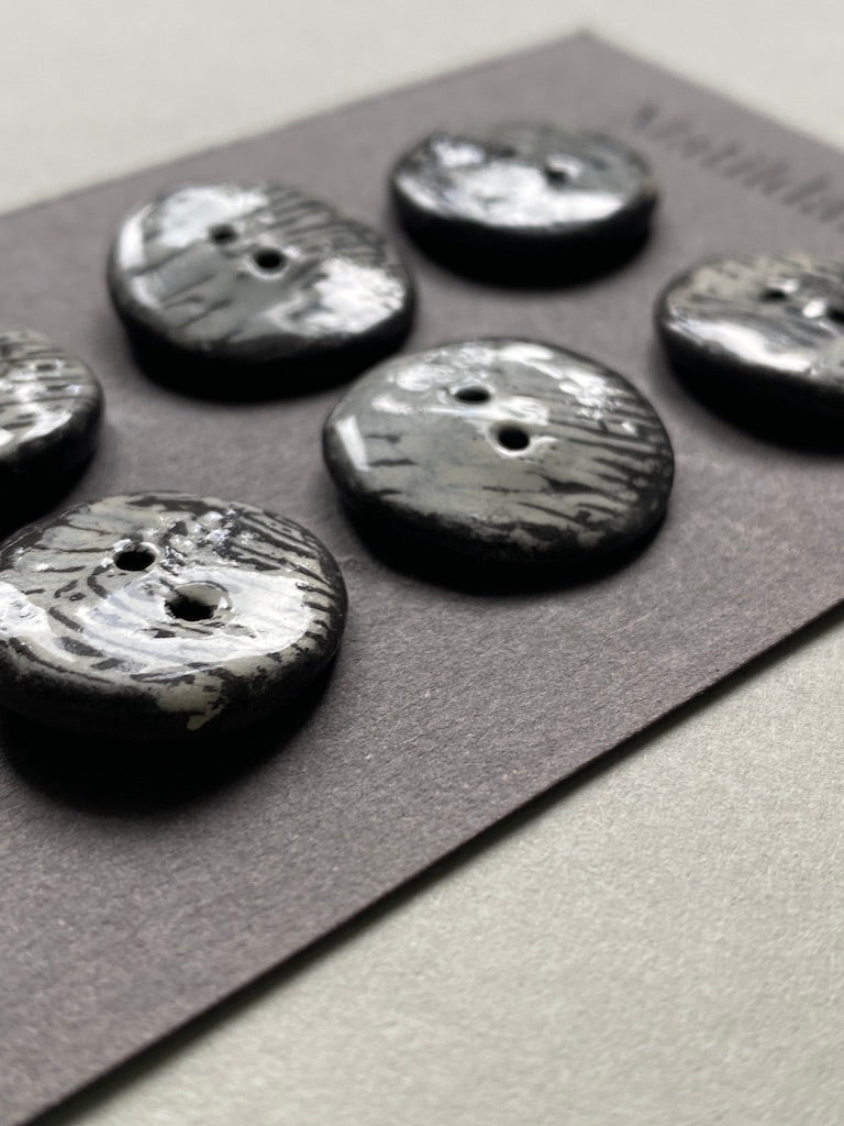 21mm Set of 6 Hand-Formed Black Clay Ceramic Round Buttons - Approx. 19mm-21mm - Rustic Yet Contemporary Design