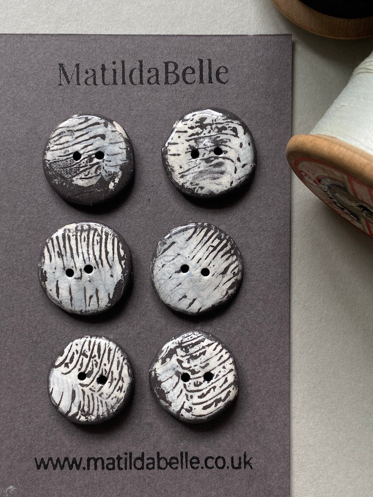 21mm Set of 6 Hand-Formed Black Clay Ceramic Round Buttons - Approx. 19mm-21mm - Rustic Yet Contemporary Design