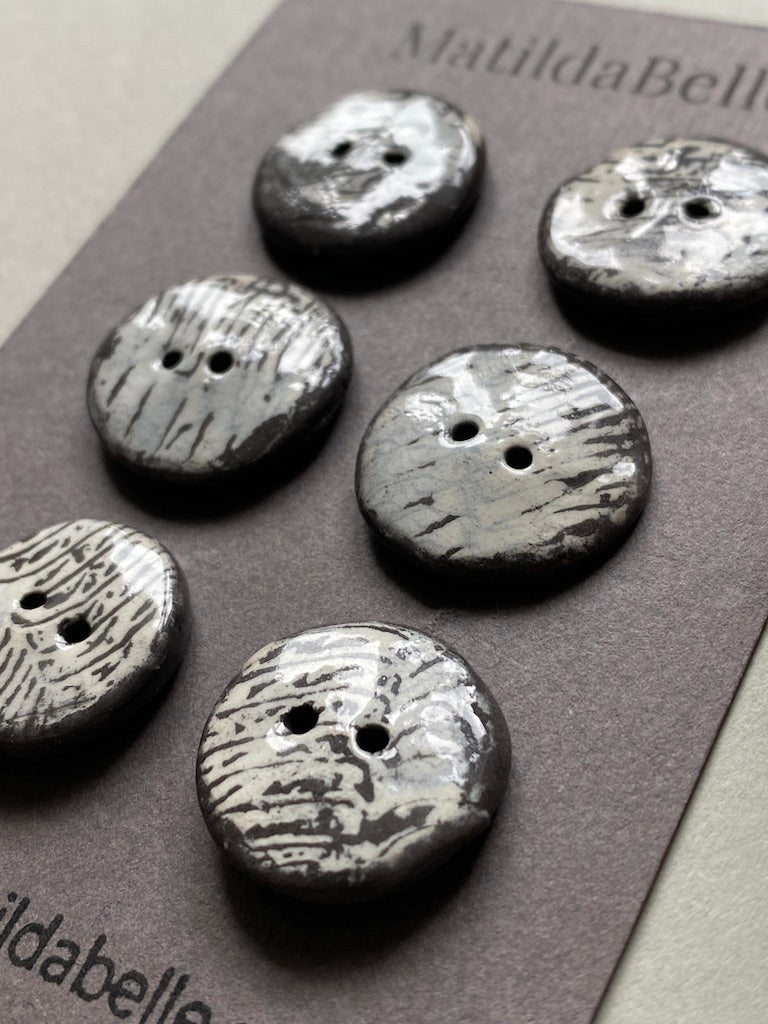 21mm Set of 6 Hand-Formed Black Clay Ceramic Round Buttons - Approx. 19mm-21mm - Rustic Yet Contemporary Design