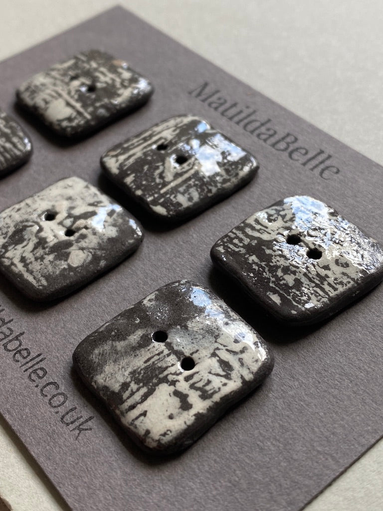 Set of 6 Hand-Formed Black Clay Ceramic Square  Buttons - 24mm - Rustic Yet Contemporary Design