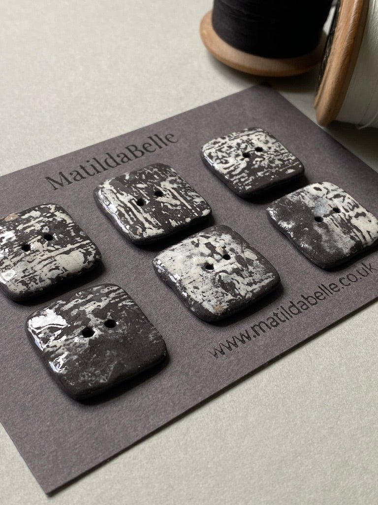 Set of 6 Hand-Formed Black Clay Ceramic Square  Buttons - 24mm - Rustic Yet Contemporary Design