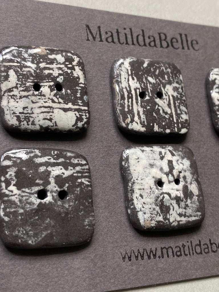 Set of 6 Hand-Formed Black Clay Ceramic Square  Buttons - 24mm - Rustic Yet Contemporary Design