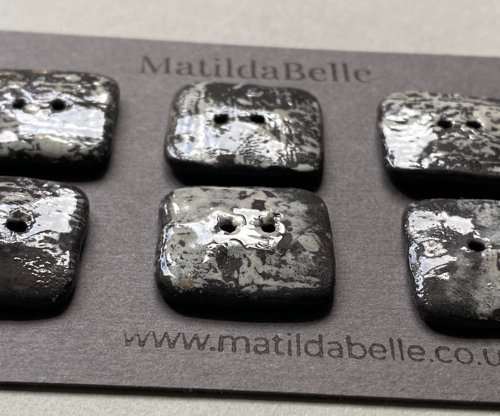 Set of 6 Hand-Formed Black Clay Ceramic Square  Buttons - 24mm - Rustic Yet Contemporary Design