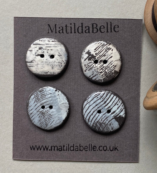 24mm Set of 4 Hand-Formed Black Clay Ceramic Round Buttons - Approx 24mm