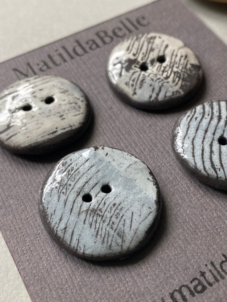 24mm Set of 4 Hand-Formed Black Clay Ceramic Round Buttons - Approx 24mm