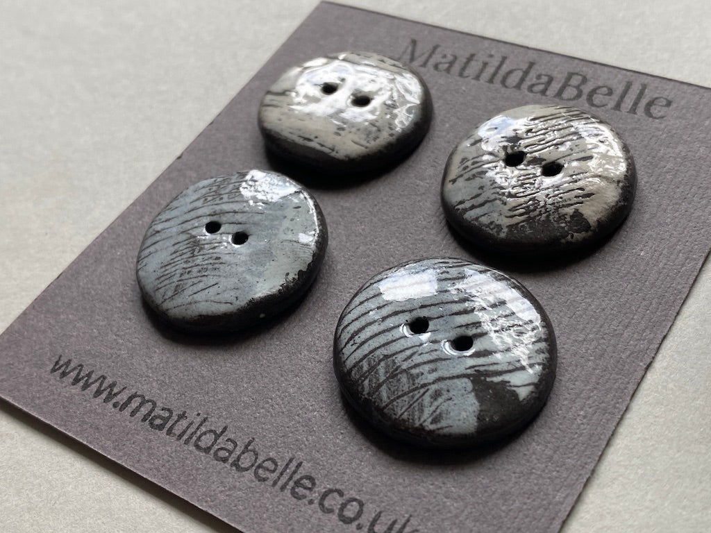 24mm Set of 4 Hand-Formed Black Clay Ceramic Round Buttons - Approx 24mm
