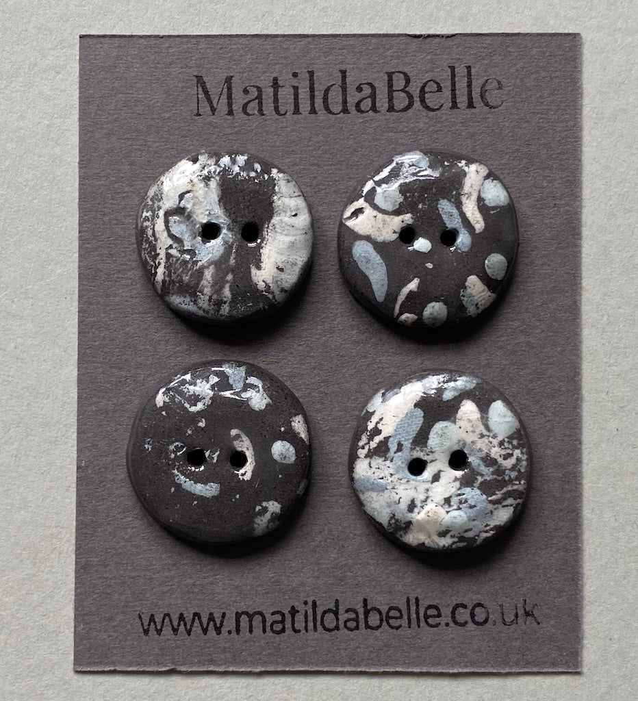 26mm Set of 4 Hand-Formed Black Clay Ceramic Round Buttons - 24mm-26mm