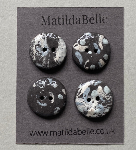 26mm Set of 4 Hand-Formed Black Clay Ceramic Round Buttons - 24mm-26mm